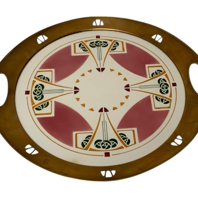 Antique German Jugendstil Wächtersbach Attributed Ceramic &amp; Pierced Brass Tray Made in Germany c. 1905-1920....