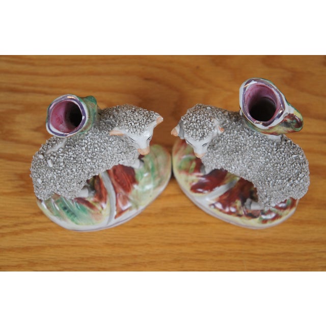 Ceramic Antique Pair of Staffordshire Porcelain Confetti Sheep Ram Ewe Bud Spill Vases For Sale - Image 7 of 12