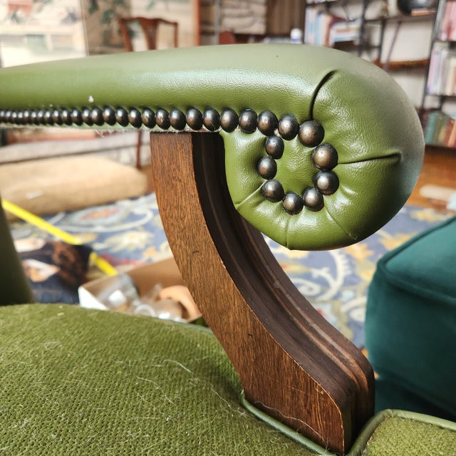 Mid-Century Modern Mid 20th Century MCM Library Chair Moss Green Leather Blend/Woven Fabric With Button Tuft & Nailtacks, Swirled Arms, Dark Wood, Executives For Sale - Image 3 of 13