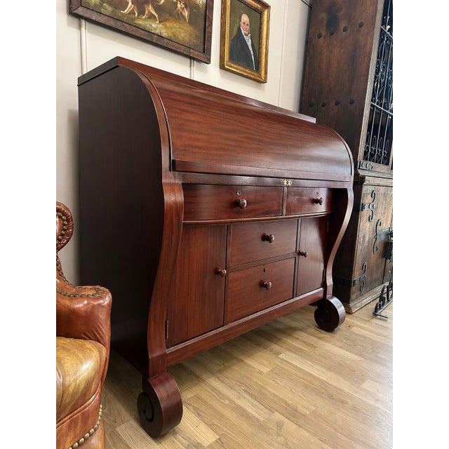 Traditional Antique 19th Century Empire Mahogany Butler's Desk With Cylinder Front and Scroll Feet For Sale - Image 3 of 5