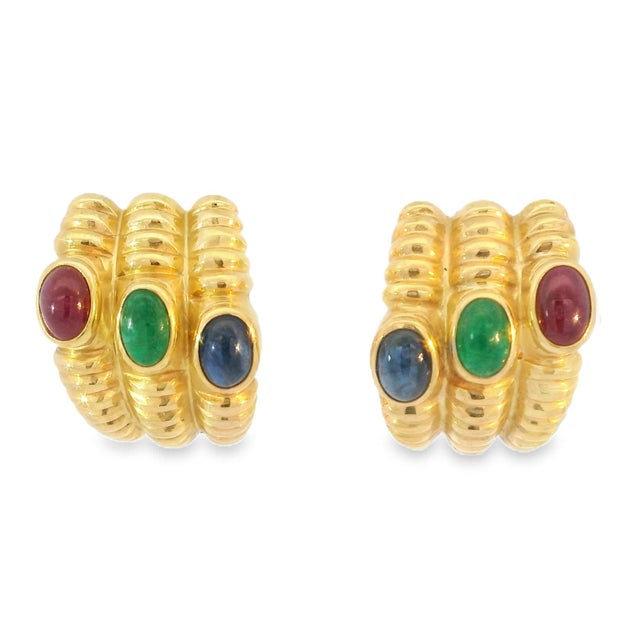 Mid-Century Modern Mid 20th Century 14k Yellow Gold Cabochon Ruby Emerald Sapphire Clip Earrings, Pair For Sale - Image 3 of 4