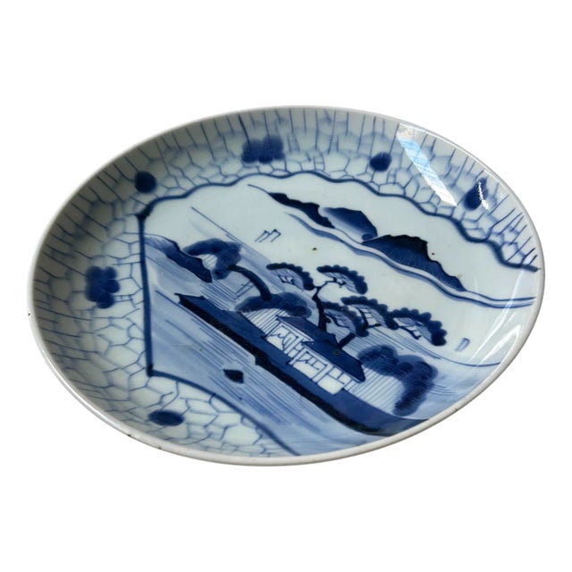 Vintage Blue-and-White Landscape Plate from Arita, 1940s For Sale