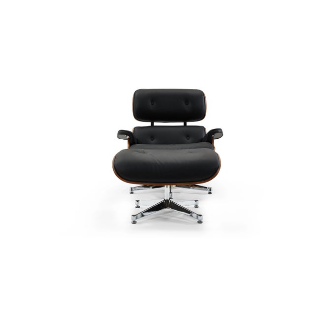 Black Pasargad Home Portfino Black Leather Lounge Chair With Ottoman For Sale - Image 8 of 11