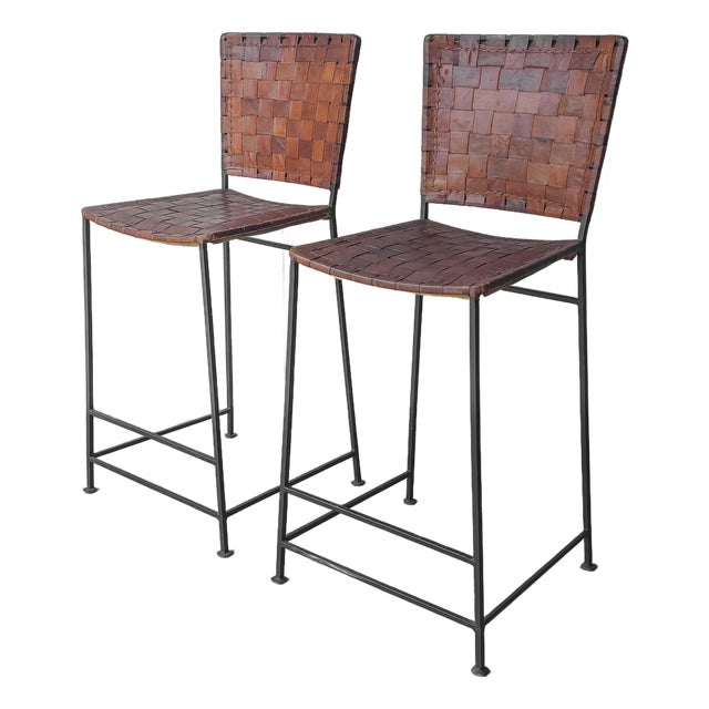 Pair of 1950s Woven Leather and Iron Bar Stools After Swift and Monell For Sale