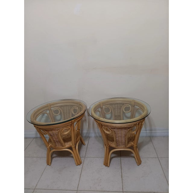 Coastal 1980s Bamboo Rattan Wicker End Table Coastal Glass Top Set of Two For Sale - Image 3 of 5
