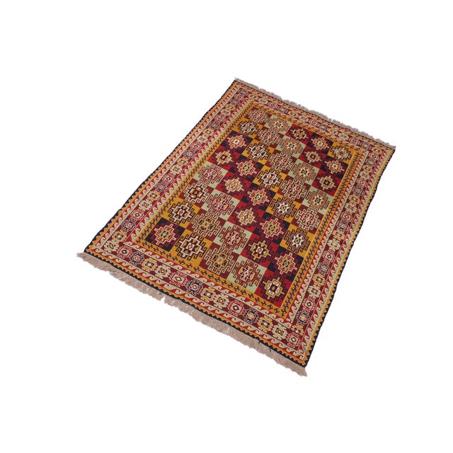 Abstract Vintage Soumak Red/Green Wool Rug - 5'0'' X 7'2'' For Sale - Image 3 of 10