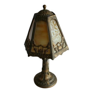 1920s Art Deco Stained Glass and Brass Newly Wired Table Bedroom Lamp For Sale