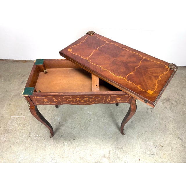 Antique French Louis XV Style Marquetry and Ormolu Flip Top Game Table For Sale - Image 9 of 12