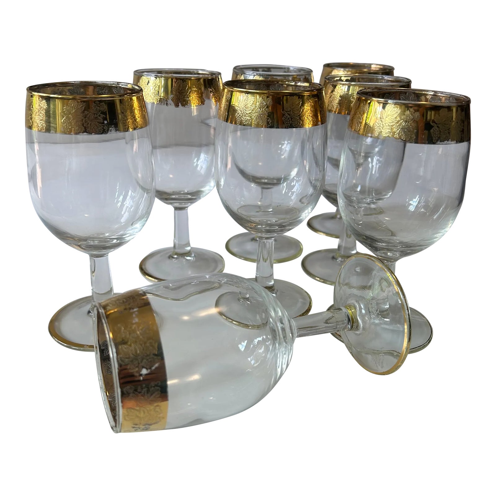1960's Mid Century Gold Banded Small Wine Glasses, Set of 8 Chairish