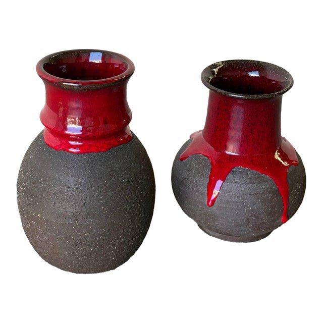 Lehmann Danish Ceramic Vases Set of 2 – Red Lava Glaze Mid Century Modern 1960s For Sale