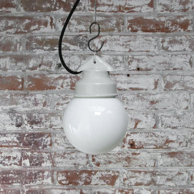 1950s Vintage Industrial White Porcelain & Opaline Milk Glass Pendant Lamp For Sale - Image 5 of 7