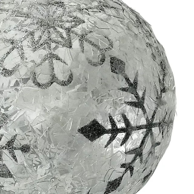 Jumbo glass Christmas ornaments with stenciled silver snowflakes and covered with hundreds of translucent flakes of...