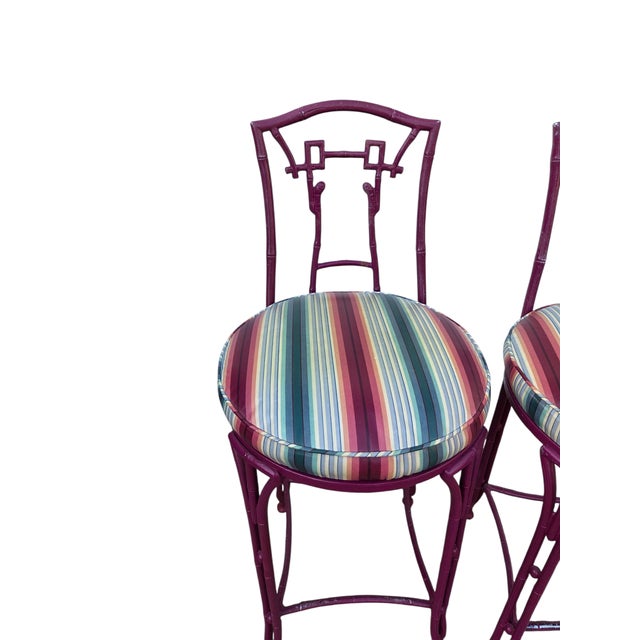 2 Vintage Chinese Chippendale Regency Side Chair Counter Stools Aluminum Bamboo For Sale - Image 10 of 16