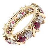 Tiffany & Co Schlumberger Gold Platinum 16 Stone Diamond Ruby Band Ring, Size 5 For Sale