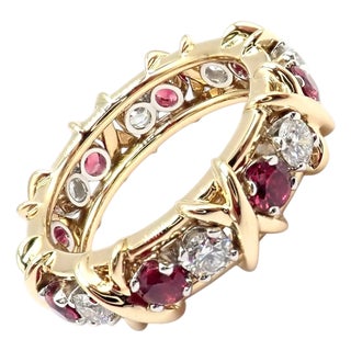 Tiffany & Co Schlumberger Gold Platinum 16 Stone Diamond Ruby Band Ring, Size 5 For Sale