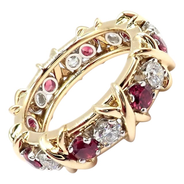 Tiffany & Co Schlumberger Gold Platinum 16 Stone Diamond Ruby Band Ring, Size 5 For Sale