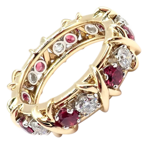 Tiffany & Co Schlumberger Gold Platinum 16 Stone Diamond Ruby Band Ring, Size 5