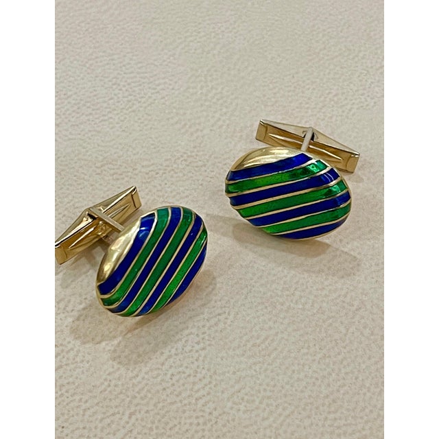 Modern Blue Green Enamel Oval Cufflinks in 14 Karat Yellow Gold 15.5 Gm, Men's For Sale - Image 3 of 8