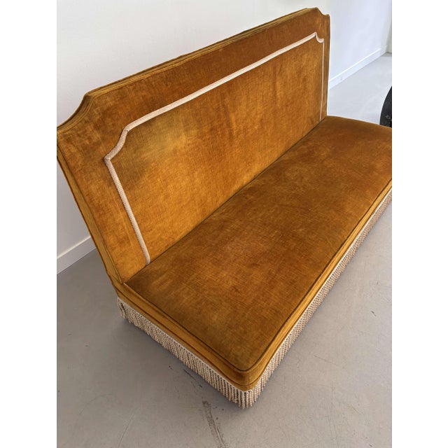 Antique sofa in saffron velvet. circa 1950, sourced in italy. measurements: l 153 cm x h seat 36 cm x h 91 cm x d 64 cm