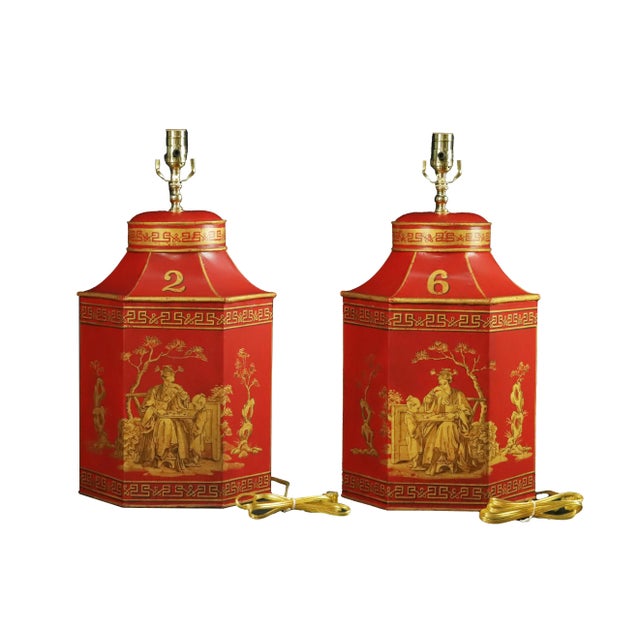 Vintage English Export Tea Caddy Hand-Painted Chinoiserie Figurines Table Lamp.Hand Drawn Table Lamp, Retro Table Lamp For Sale - Image 10 of 10