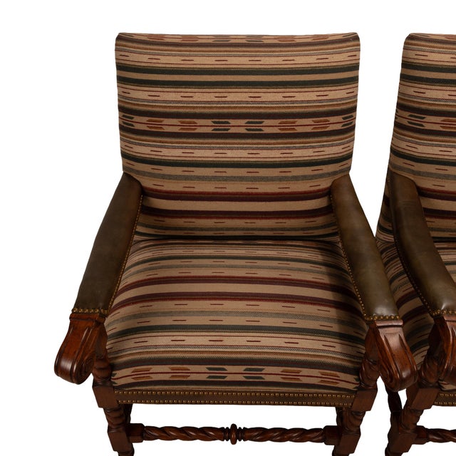 1990s 1990s Hancock & Moore Louis XIII French Style Barley Twist Throne Armchairs W/ Southwestern Wool Geometric Fabric For Sale - Image 5 of 17