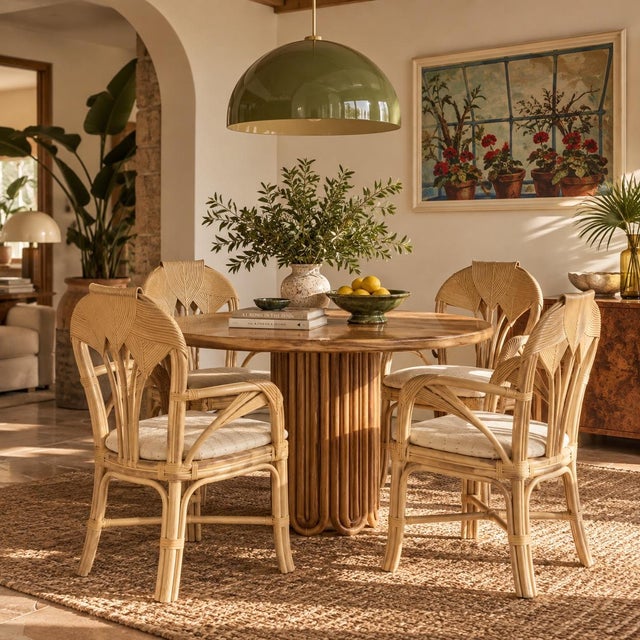 Beautiful set of four vintage coastal dining armchairs crafted from sculptural rattan with decorative leather-wrapped...