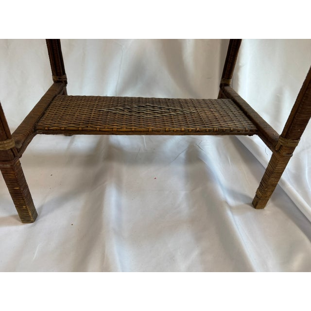 Antique Victorian Wicker Rattan Sewing Stand | Lift-Top Toile Lined, Two Drawers | Edwardian Work Table, 31in For Sale - Image 11 of 18