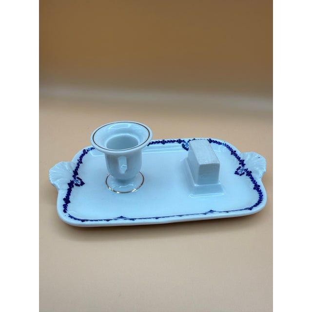 Pair of Antique German Porcelain Chambersticks With Match Holders & Strikers, Circa 1900 For Sale - Image 4 of 9
