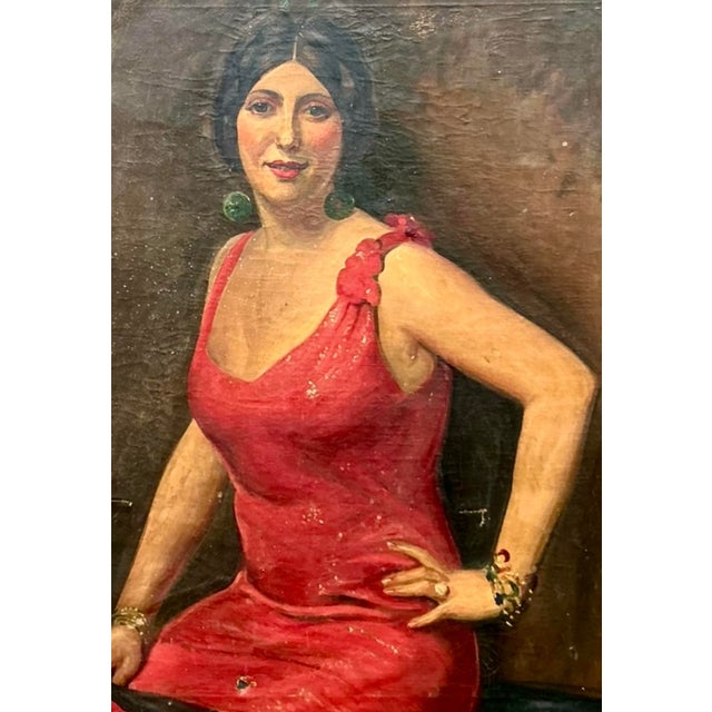 Art Deco Vintage Boho Original Art Deco Oil Portrait of Woman For Sale - Image 3 of 9