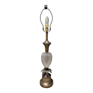 Vintage Pressed Glass Diamond-Point Brass Table Lamp, Leviton Socket For Sale