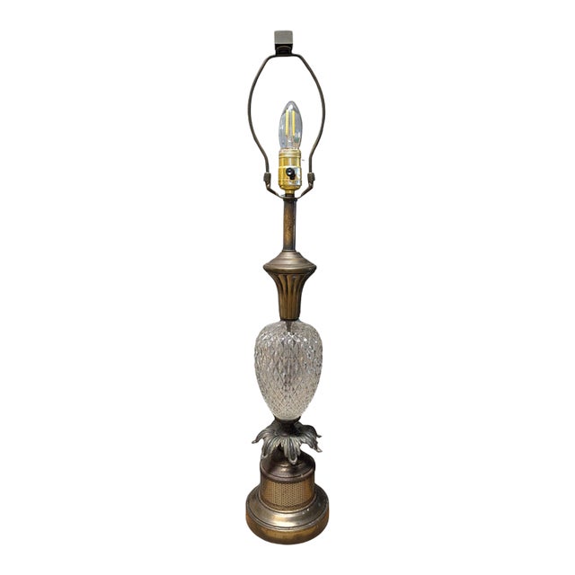 Vintage Pressed Glass Diamond-Point Brass Table Lamp, Leviton Socket For Sale