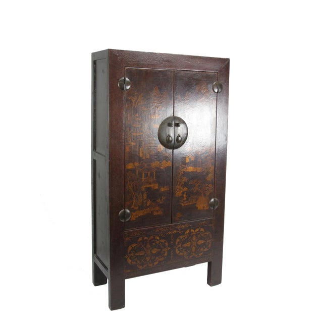 1900 - 1909 Asian Elm Cabinet With Painted Panel Doors For Sale - Image 4 of 12