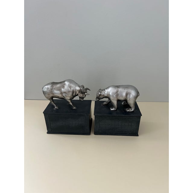 Vintage Bull & Bear Stock Market Bookends, Silver-Tone Metal For Sale - Image 4 of 15