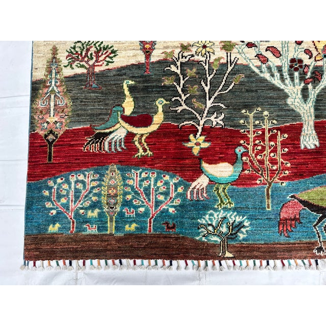 Textile Multicolor Afghan Pictorial Bird & Tree Hand-Knotted Wool Rug - 9'7" X 6'9" For Sale - Image 7 of 15