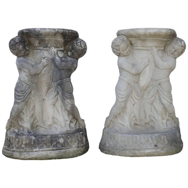 Pair of Cast Concrete Cherub Pedestals For Sale