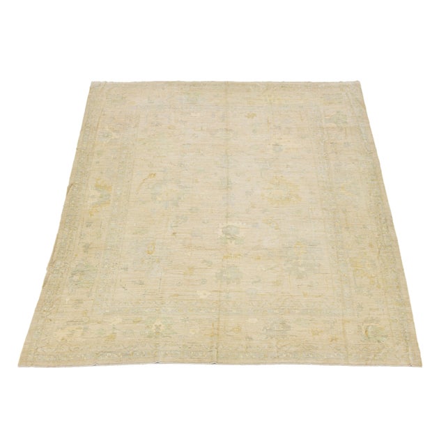 Contemporary Neutral Oushak Style Hand-Knotted Wool Rug in Beige, Sage & Gold For Sale - Image 10 of 12