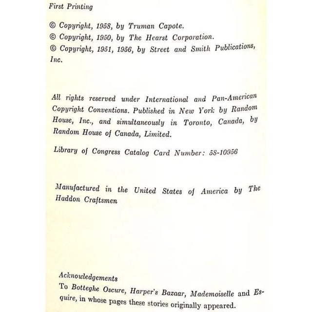 "Breakfast at Tiffany's: A Short Novel and Three Stories" 1958 Capote, Truman For Sale - Image 4 of 5