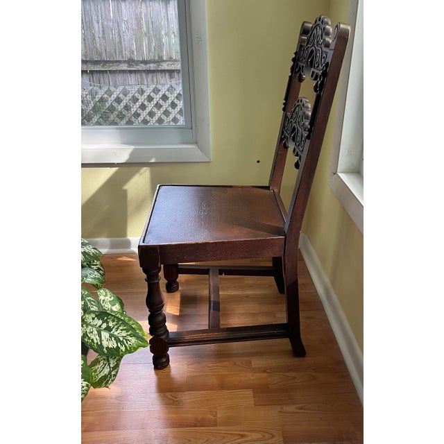 Antique Sligh Furniture Jacobean Revival Oak Dining/Hall Chair–Derbyshire and South Yorkshire Side Chair-Circa 1910s For Sale - Image 9 of 13