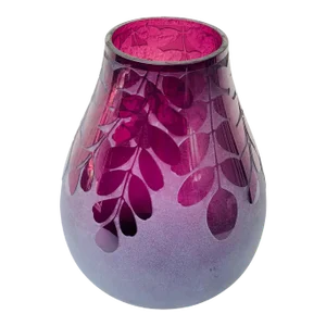 1980s Ken Benson Ls Signed Purple Amethyst Cameo Carved Leaves Frosted Art Glass Vase