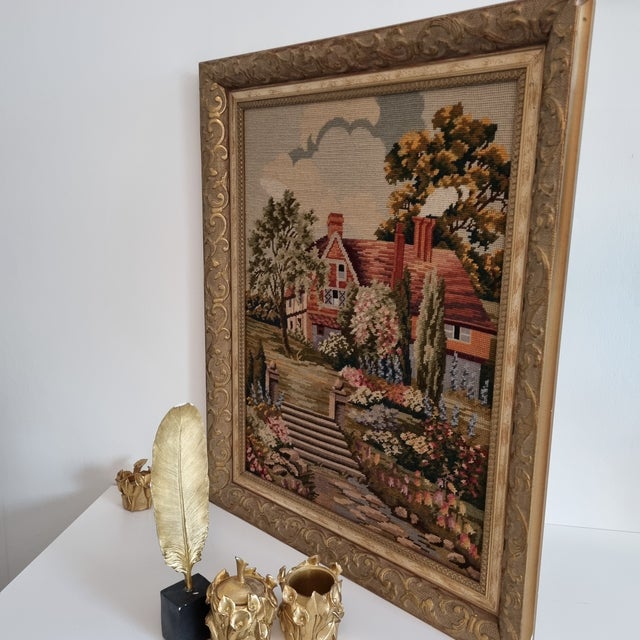 Antique Hand-Embroidered Wool Tapestry in a Gilded Baroque Frame – Victorian Wall Art of the 19th Century Dimensions:...