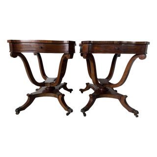 Vintage Eclectic Mahogany Curule-Base Side Tables With Brass Inlay – Pair For Sale