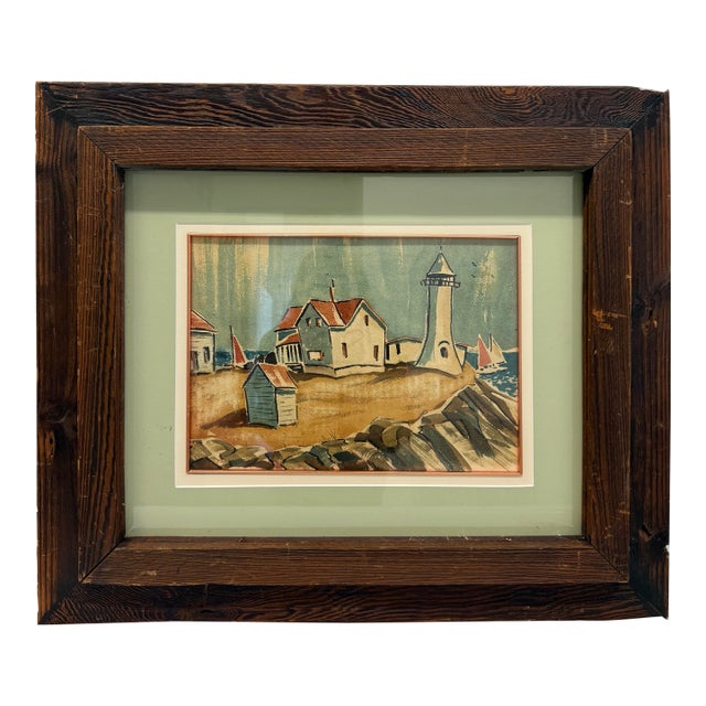 1970s Watercolor Painting of a Lighthouse Overlooking Sailboats in a Wood Frame For Sale