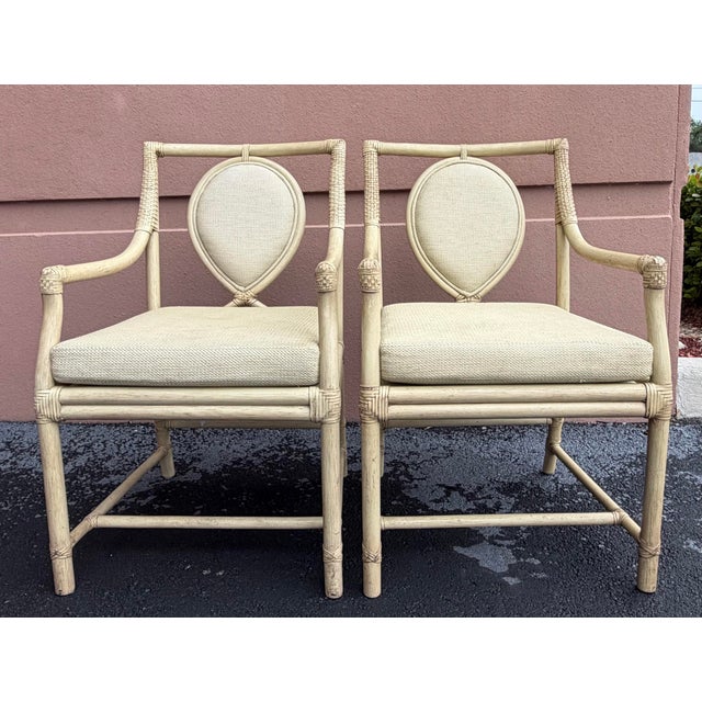 Contemporary Vintage Ficks Reed Rattan Dining Armchairs With Teardrop Upholstered Backs, a Pair For Sale - Image 3 of 12