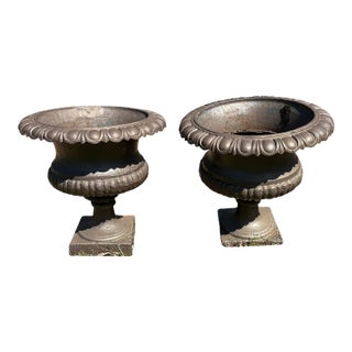 Late 20th Century Shallow Form English Cast Iron Urns - A Pair For Sale