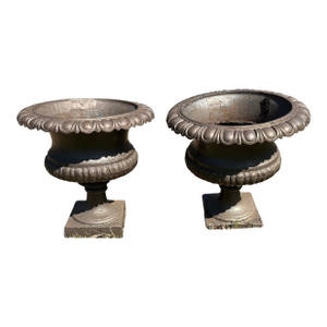 Late 20th Century Shallow Form English Cast Iron Urns - A Pair
