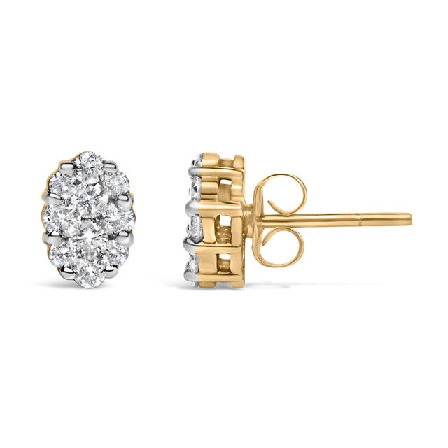 Contemporary 18K Yellow Gold 1.00 Diamond Oval Shaped Composite Cluster Stud Earrings (H-I Color, I1-I2 Clarity) For Sale - Image 3 of 6