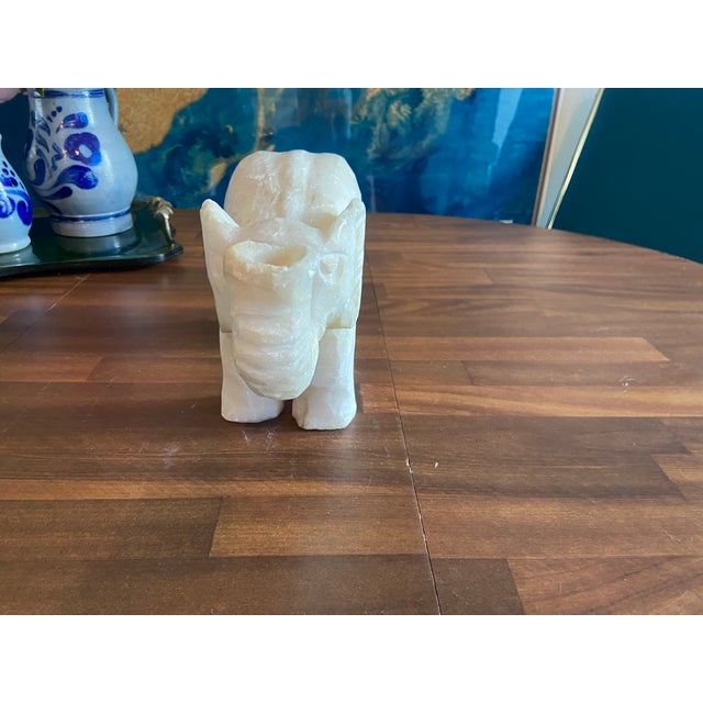 Vintage Hand-Carved Alabaster Elephant Sculpture – Mid-Century White Stone Figurine For Sale In Los Angeles - Image 6 of 12