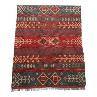 Vintage Turkish Kilim Rug Flat-Weave Wool Carpet Geometric Motif 13 X 10 For Sale