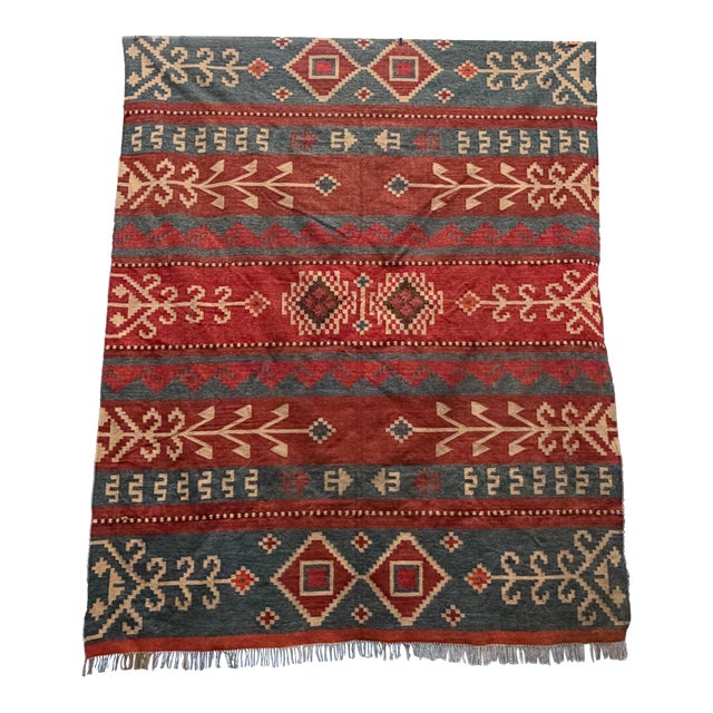 Vintage Turkish Kilim Rug Flat-Weave Wool Carpet Geometric Motif 13 X 10 For Sale