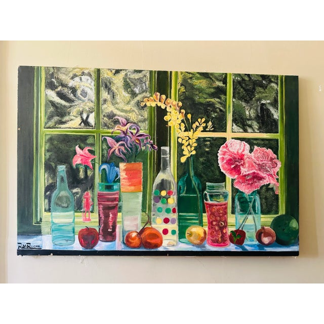 Textile Large Vivid Vintage Oil on Canvas Painting For Sale - Image 7 of 8